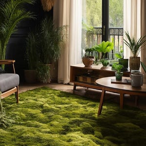 May include: A vibrant green shag rug covers the floor of a living room, creating a plush, textured surface. The room features wooden furniture, potted plants, and a large window with sheer curtains. The overall aesthetic is natural and inviting.