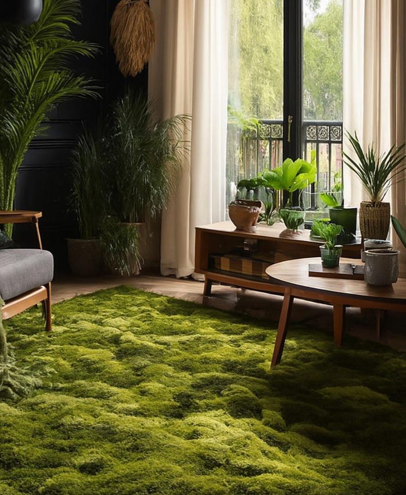 May include: A vibrant green shag rug covers the floor of a living room, creating a plush, textured surface. The room features wooden furniture, potted plants, and a large window with sheer curtains. The overall aesthetic is natural and inviting.
