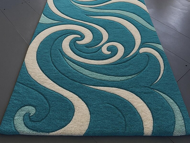 3x10ft Modern Ocean Wave Pattern Rug – Hand-tufted Aqua Blue & Cream ...