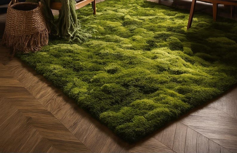 May include: A large, rectangular green rug with a textured, moss-like appearance. The rug is a vibrant shade of green and covers a significant portion of the floor. The rug is placed on a wooden floor with a herringbone pattern.
