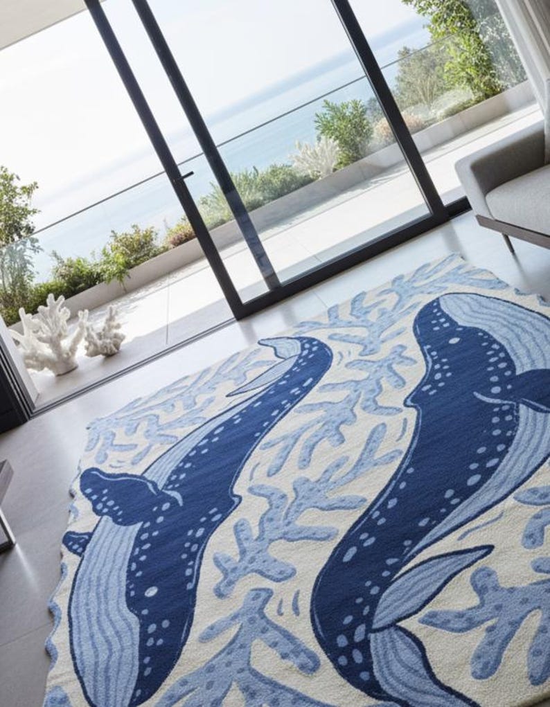 Hand-tufted Whale Rug, Custom Cut-out Ocean Carpet, Luxury Blue Coastal ...