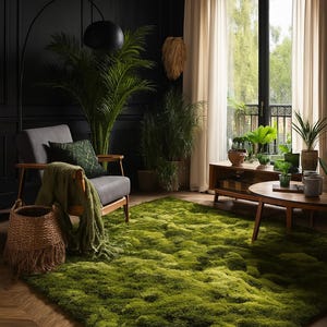 May include: A living room scene featuring a large, vibrant green moss rug. A gray armchair with a green throw and pillow sits near a woven basket. The room has dark walls, a large window, and various potted plants, creating a natural, cozy atmosphere.
