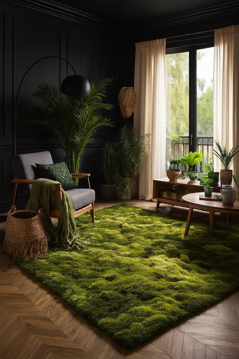 May include: A living room scene featuring a large, vibrant green moss rug. A gray armchair with a green throw and pillow sits near a woven basket. The room has dark walls, a large window, and various potted plants, creating a natural, cozy atmosphere.