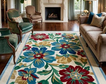 Hand-Tufted Floral Wool Area Rug – Large Cream Carpet with Blue Red Flowers – Luxury Living Room Statement Rug