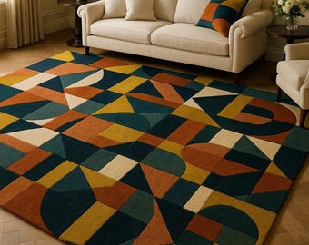 Geometric Hand-Tufted Rug | Mid-Century Modern, Teal Mustard Terracotta