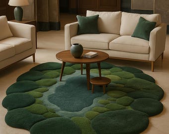 Nature-Inspired Moss Rug – Hand Tufted Irregular Green Wool Carpet | Cozy 3D Pebble Texture Rug for Living Room Custom Soft Pond Design Rug