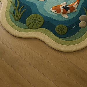 May include: A whimsical, layered rug in the shape of a pond, featuring a koi fish, lily pads, and aquatic plants. The rug has a color palette of blues, greens, and beige, creating a serene and inviting atmosphere. The rug is placed on a wooden floor.