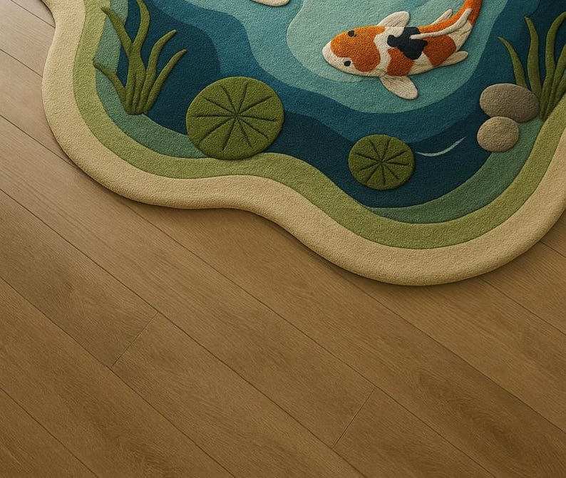 May include: A whimsical, layered rug in the shape of a pond, featuring a koi fish, lily pads, and aquatic plants. The rug has a color palette of blues, greens, and beige, creating a serene and inviting atmosphere. The rug is placed on a wooden floor.