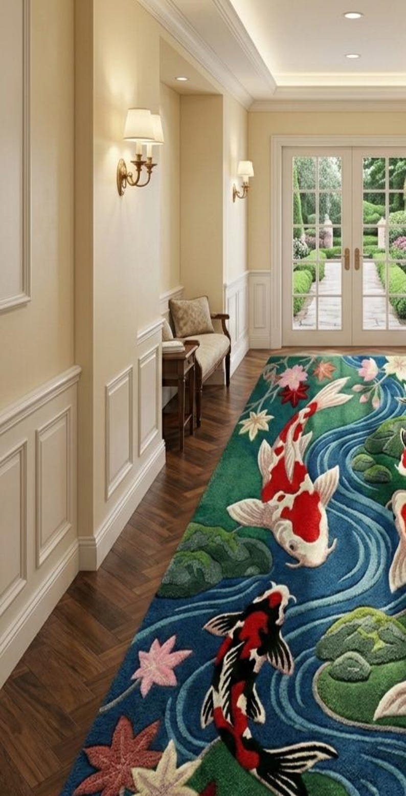 Koi Fish Floral Runner Rug, Handmade Tufted Wool Carpet, Asian Inspired ...