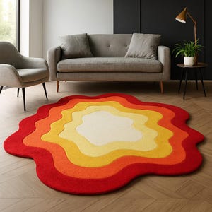 Retro Lava Burst Rug – 5x7 Ft | Groovy Wavy Area Rug in Red, Orange & Yellow | Mid Century Modern Abstract Carpet | Funky Living Room Accent