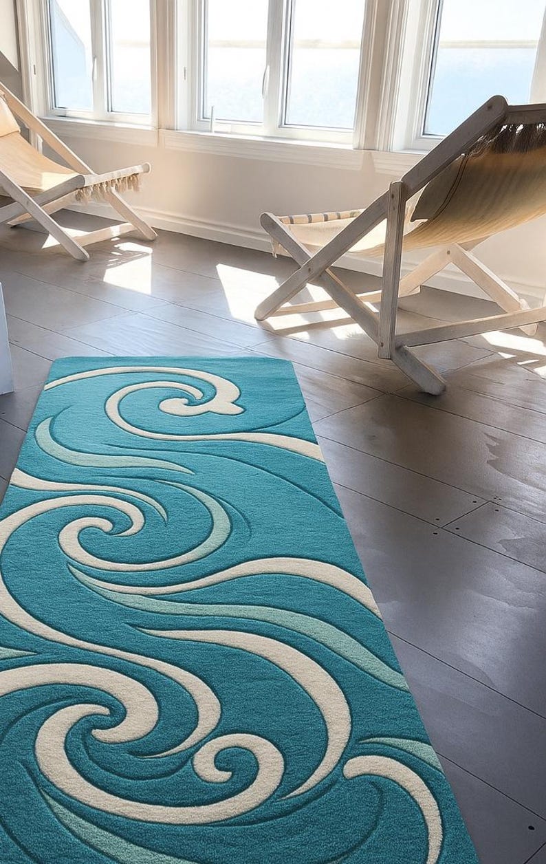 Wave Rugs 3x10ft Modern Ocean Wave Pattern Rug – Hand-tufted Aqua Blue & Cream ...