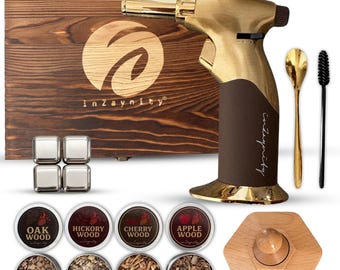 Kit para ahumar cócteles inZaynity con soplete, ahumador de bourbon tradicional para bebidas, 4 sabores de virutas de madera (manzana, roble, cereza, melocotón), sin butano