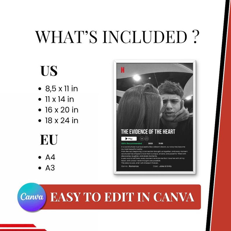 K&ouml;nnte beinhalten: Ein schwarz-wei&szlig; Filmplakat mit dem Titel "THE EVIDENCE OF THE HEART" mit einem Foto eines Paares. Das Plakat enth&auml;lt Gr&ouml;&szlig;enangaben in Zoll: 8,5 x 11, 11 x 14, 16 x 20 und 18 x 24, sowie A4 und A3. Der Text "EASY TO EDIT IN CANVA" ist ebenfalls vorhanden.