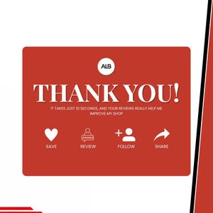 K&ouml;nnte beinhalten: Rote Grafik mit dem Text "THANK YOU!" in Wei&szlig;. Der Text "IT TAKES JUST 10 SECONDS, AND YOUR REVIEWS REALLY HELP ME IMPROVE MY SHOP" steht darunter. Symbole f&uuml;r Speichern, Bewerten, Folgen und Teilen unten.