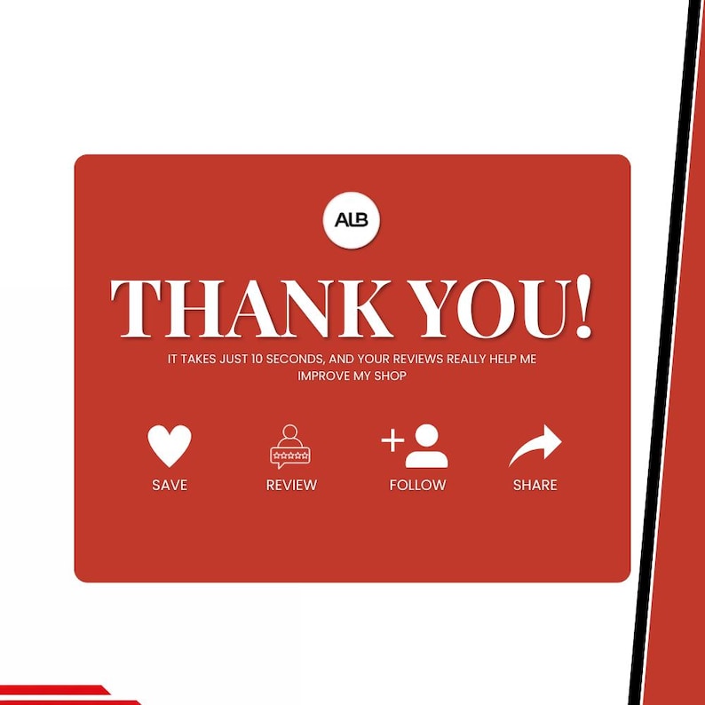 K&ouml;nnte beinhalten: Rote Grafik mit dem Text "THANK YOU!" in Wei&szlig;. Der Text "IT TAKES JUST 10 SECONDS, AND YOUR REVIEWS REALLY HELP ME IMPROVE MY SHOP" steht darunter. Symbole f&uuml;r Speichern, Bewerten, Folgen und Teilen unten.