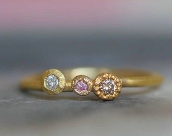 bague en diamant simple et délicate, bague de fiançailles, 750 Fairmined Gold, bague plug-in avec saphir rose, champagne et diamant blanc