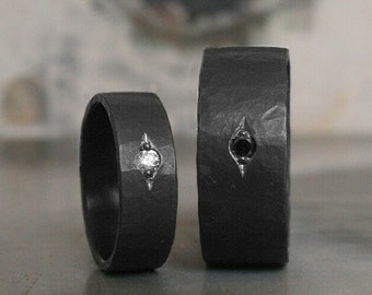 Envío rápido: Anillos de tantalio forjados con diamantes, elegantes anillos gris oscuro, con diamantes reales blancos y negros, anillos para hombre