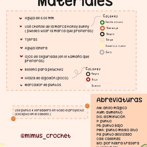 K&ouml;nnte beinhalten: Eine handgeschriebene Anleitung f&uuml;r H&auml;kelprojekte, auf Spanisch, mit einer Liste von Materialien und Abk&uuml;rzungen. Das Bild zeigt Farbmuster und eine Liste ben&ouml;tigter Artikel, darunter eine 6,00 mm H&auml;kelnadel, Schere und Sicherheitsaugen.