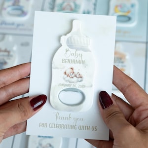Baby Bottle Magnet Bottle Opener Baby Shower Favor | Personalized Baby Shower Gift | Thank You Card Set for Boy or Girl Party Guests