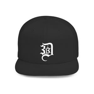 May include: Black baseball cap with a flat peak. The cap displays a white, ornate letter "D" on the front. This hat is a classic design, suitable for casual wear and outdoor activities.
