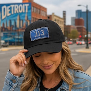 Detroit 313 Hat, Motor City Baseball Cap, Detroit Michigan Hat, 313 Area Code Hat, Detroit Skyline Patch Cap, Michigan Gift