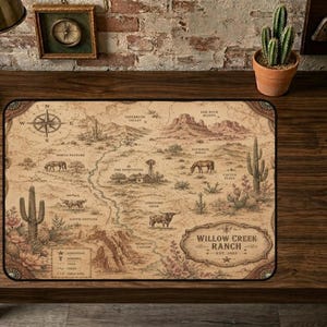 May include: A rectangular desk mat featuring a vintage-style map of Willow Creek Ranch. The map displays illustrations of cacti, horses, cattle, and mountains in sepia tones. It includes a compass rose, a legend, and the text Willow Creek Ranch Est 1885.