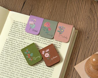 Marcapáginas de cuero personalizado con flor de nacimiento, marcapáginas magnético con nombre personalizado para lectores, regalo para amantes de los libros para mujeres, accesorio para libros