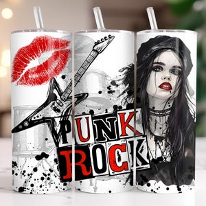 Könnte beinhalten: Weißer Edelstahlbecher mit rotem Lippenstiftkuss, schwarzer E-Gitarre und den Worten "PUNK ROCK" in Rot und Schwarz. Der dritte Becher zeigt eine Frau mit schwarzen Haaren und rotem Lippenstift.