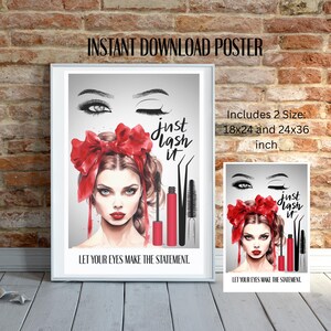 Könnte beinhalten: Ein gerahmtes Poster mit einer Aquarellillustration einer Frau mit rotem Lippenstift und einer roten Schleife. Der Text "just lash it" und "Let your eyes make the statement" sind enthalten. Das Poster wird von einer kleineren Version begleitet.