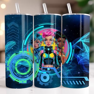 May include: Three stainless steel tumblers with straws, featuring a futuristic design. The central image showcases three women with vibrant hair, set against a dark blue background with neon green and blue geometric shapes. The design has a sci-fi theme.
