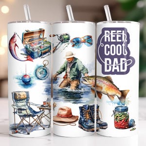 Könnte beinhalten: Weißer Edelstahlbecher mit Angelmotiv. Der Becher zeigt Aquarellillustrationen von Angelausrüstung, einem Fischer und dem Text "REEL COOL DAD". Enthält einen durchsichtigen Strohhalm.