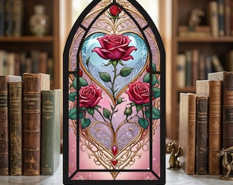 Rincón de lectura de rosas – Estantería con diseño de rosa encantada, rincón de lectura de cuento de hadas, atrapasoles de fantasía, rosa de vidriera, regalo romántico para amantes de los libros