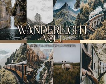 May include: A collage of landscape photos with a travel theme. The text "WANDERLIGHT VOL. 1." is displayed in a decorative font. Below the title, the text "MOBILE & DESKTOP LR PRESETS" is visible. The images include waterfalls, mountains, and trains.