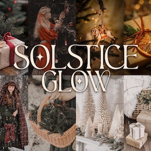Könnte beinhalten: Eine Collage festlicher Urlaubsbilder. Enthält verpackte Geschenke, eine Person, die einen Baum schmückt, einen Holzschaukelpferdschmuck, eine getrocknete Orangenscheibe, eine Person in einem Umhang, einen Korb mit Grünzeug und dekorative Bäume. Der Text "SOLSTICE GLOW" ist überlagert.