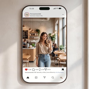 Può includere: Uno schermo di smartphone che mostra un post Instagram di thexpressolab a Downtown Auburn Hills. Il post presenta la foto di una persona con una camicia beige abbottonata e jeans azzurri che scatta un selfie allo specchio in un bar.