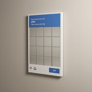 May include: A white framed wall-mounted interactive display with a blue top section. The text reads "Select all squares that show you. If there are none, click skip." The display has a grid of squares and a "SKIP" button.