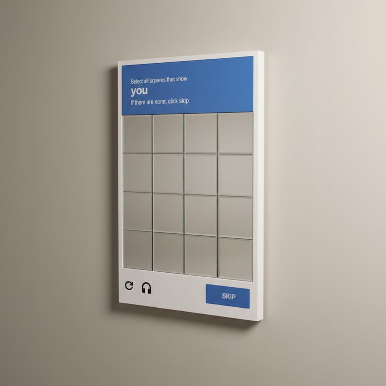 May include: A white framed wall-mounted interactive display with a blue top section. The text reads "Select all squares that show you. If there are none, click skip." The display has a grid of squares and a "SKIP" button.