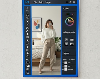 Photoshop Mirror, Photoshop-Inspired Mirror – Photo Editor UI Wall Art, Blue Frame Mirror, Designer Room Decor, Creative Tech Gift