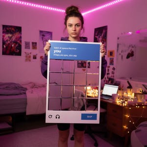 May include: A white sign with a blue top section that reads "Select all squares that show you. If there are none, click skip." The sign has a grid of reflective squares and a "SKIP" button.