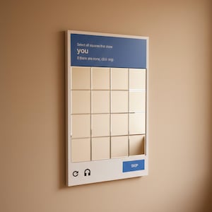 May include: A rectangular wall-mounted panel with a blue top section containing the text "Select all squares that show you". Below are 15 square mirrored tiles. The bottom section has a skip button and headphone icon.