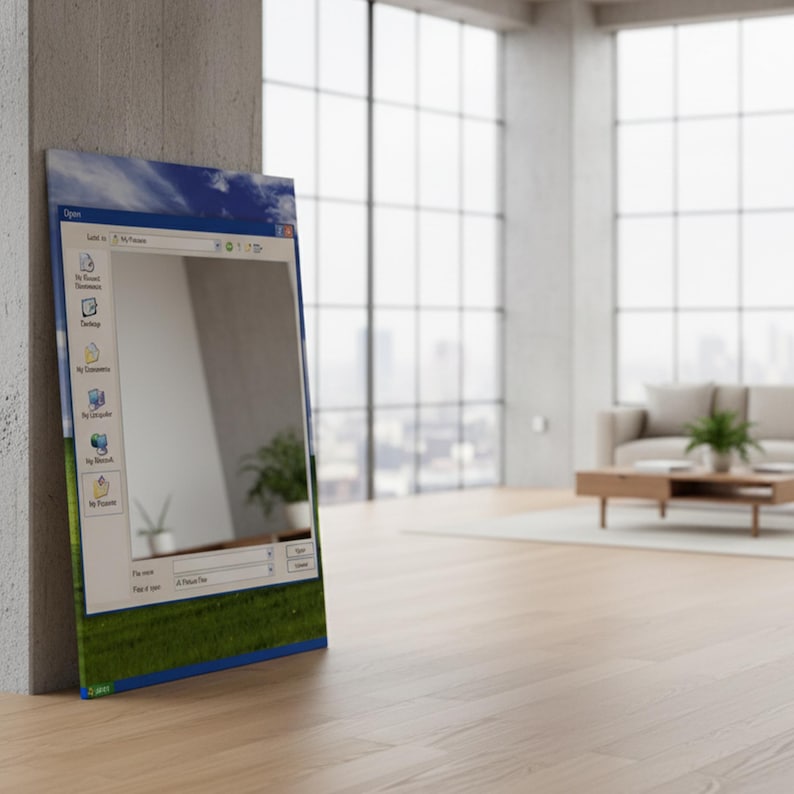 May include: A rectangular canvas print leaning against a concrete wall. The print features a retro computer interface with a blue sky and green grass background. The print is in a modern living room setting.
