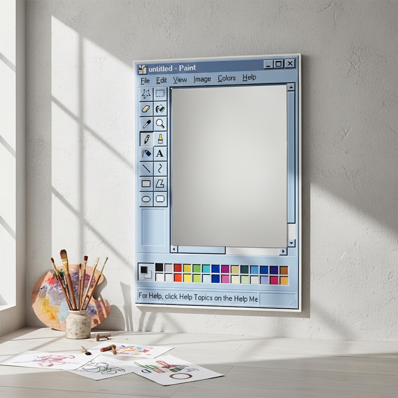 May include: A rectangular mirror framed to resemble the classic "untitled - Paint" application window. The frame is light blue with a white border. The image includes a palette, paintbrushes, and drawings, suggesting an art theme.