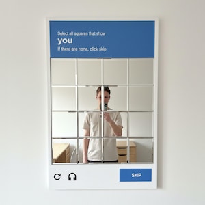 May include: A white framed mirror with a grid of small square mirrors. The top section is blue with the text "Select all squares that show you. If there are none, click skip." The bottom has a skip button.