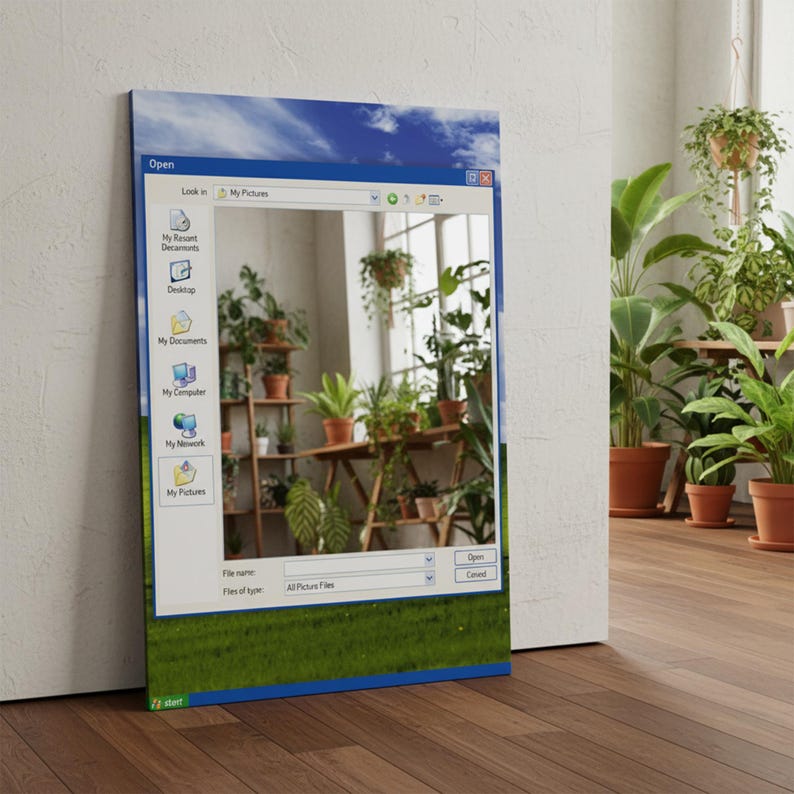 May include: A rectangular canvas print leaning against a wall, featuring a Windows XP-style interface with a sky and grass background. The interface displays a window with a view of a room filled with potted plants. The print is propped against a white wall on a wooden floor.