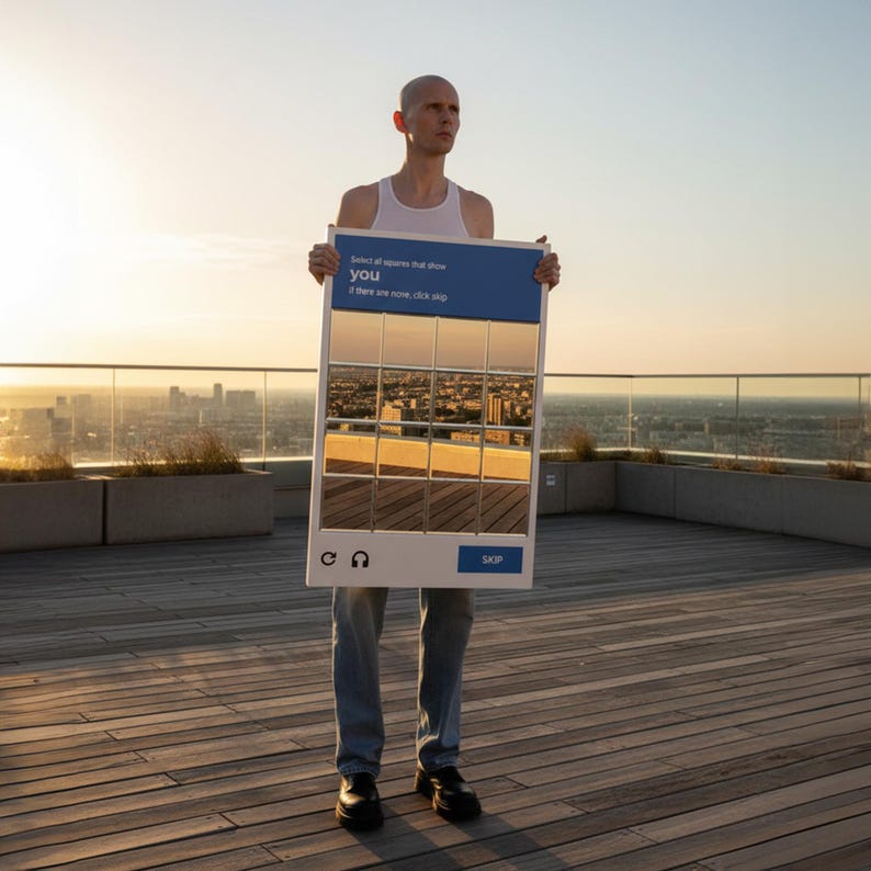 May include: A person holding a large white and blue sign with the text "Select all squares that show YOU. If there are now, click skip." The sign has a grid of reflective squares. The background shows a cityscape at sunset.
