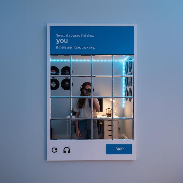 CAPTCHA Mirror Wall Decor – Interactive Internet Aesthetic Mirror, Tech Humor Room Decor, Gamer Room Mirror, Unique Gift for Teens & Couples
