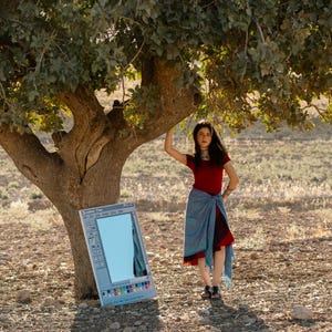 May include: A young person stands near a large tree, wearing a red top and a blue wrap skirt. A large, rectangular mirror with a Windows Paint interface design leans against the tree trunk. The mirror reflects the sky.