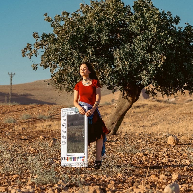 May include: A woman in a red top and dark skirt stands in a field, holding a large, rectangular mirror with a white frame. The mirror has a design resembling a computer program interface. A large tree is behind her.