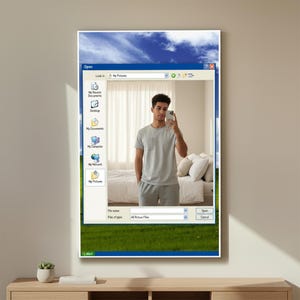 May include: A framed art print featuring a man taking a selfie, overlaid with a Windows XP interface. The background shows a bedroom scene. The print has a green grass and blue sky background.