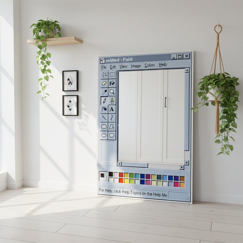 May include: A white cabinet with a door, designed to look like a computer paint program window. The frame is light blue with a toolbar of icons and the text "untitled - Paint". The cabinet is in a bright room with plants.